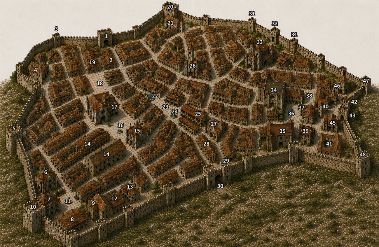 Recreación de la ciudad medieval de Teruel con referencias numeradas